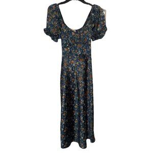 Inspired Hearts Colorful Floral Satin Milk Maid Peasant Midi Dress Sz S NEW